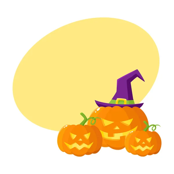 Trois lanternes Jack o, citrouilles en chapeau de sorcière pointu — Image vectorielle