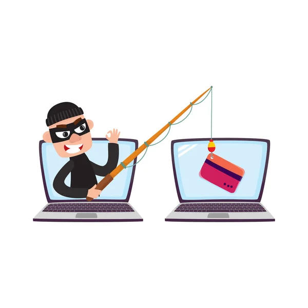Hacker en máscara con caña de pescar, ataque de phishing — Vector de stock