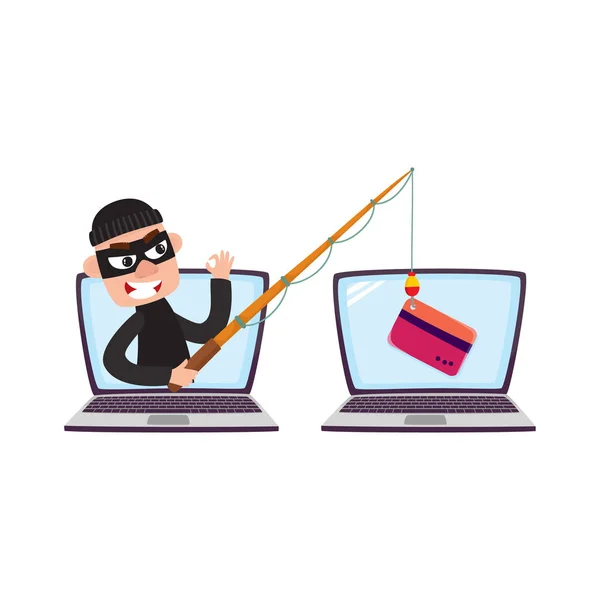 Hacker, maszk, horgászbot, adathalász-támadás — Stock Vector