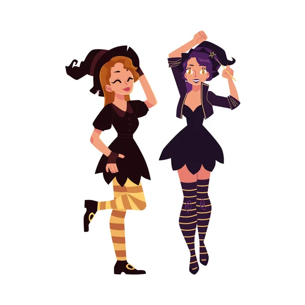 Две девушки, женщины в остроконечных шляпах, костюмы ведьм на Хэллоуин — стоковый вектор