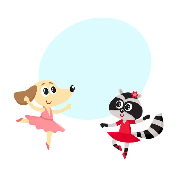 Perro y mapache, cachorro y gatito personajes bailando ballet juntos — Vector de stock