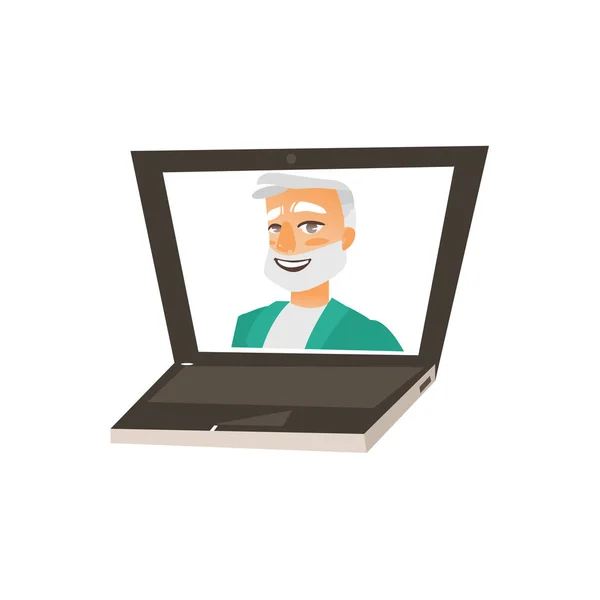 Vektör düz gri saçlı doktor laptop — Stok Vektör