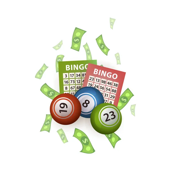 Vector platte bingo loterij ballen, tickets, geld — Stockvector