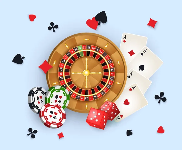 Баннер казино с жетонами, колесо рулетки, карты — стоковый вектор