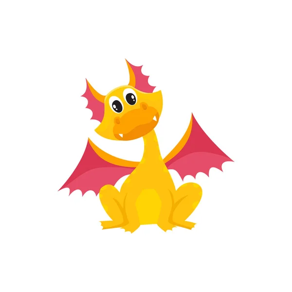 Vector flat cartoon dragon kid with horns, wings. — Stock Vector