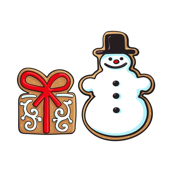 Snowman, present box Christmas gingerbread cookies — Stock Vector