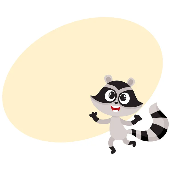 Cute happy raccoon character raising paws in welcoming gesture — Stock Vector