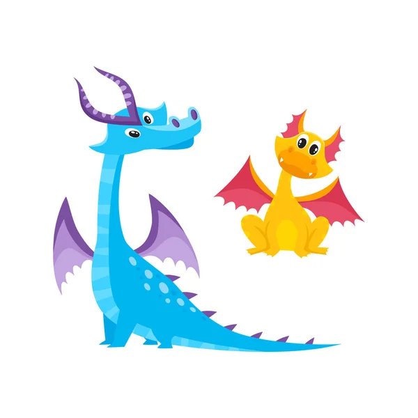 Vector dibujos animados planos dragones con cuernos, alas . — Vector de stock