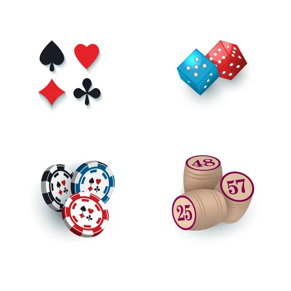 Casino symboler - passar, bingo kaggar, tokens, tärningar — Stock vektor