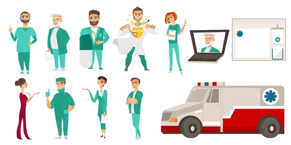 Personal médico: médicos, ambulancias, ayuda en línea — Vector de stock