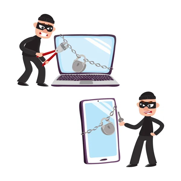 Hacker och jätte laptop och telefon med hänglås — Stock vektor