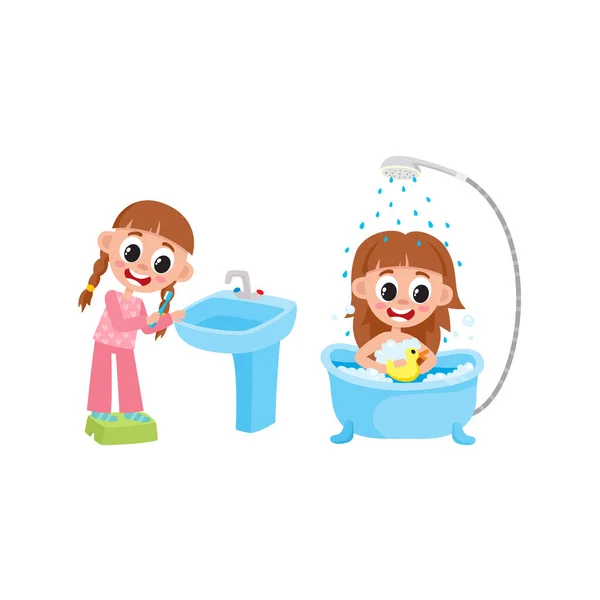 Vektor flache Mädchen waschen, Zähne putzen Set — Stockvektor