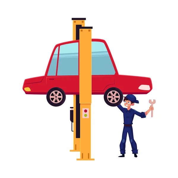 Vector flat boy repairing car on lift — Stock Vector