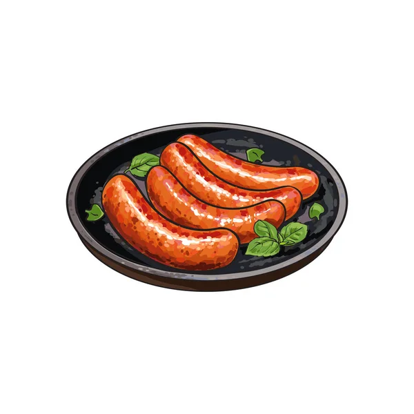 Four grilled, barbequed sausages on frying pan — Stock Vector