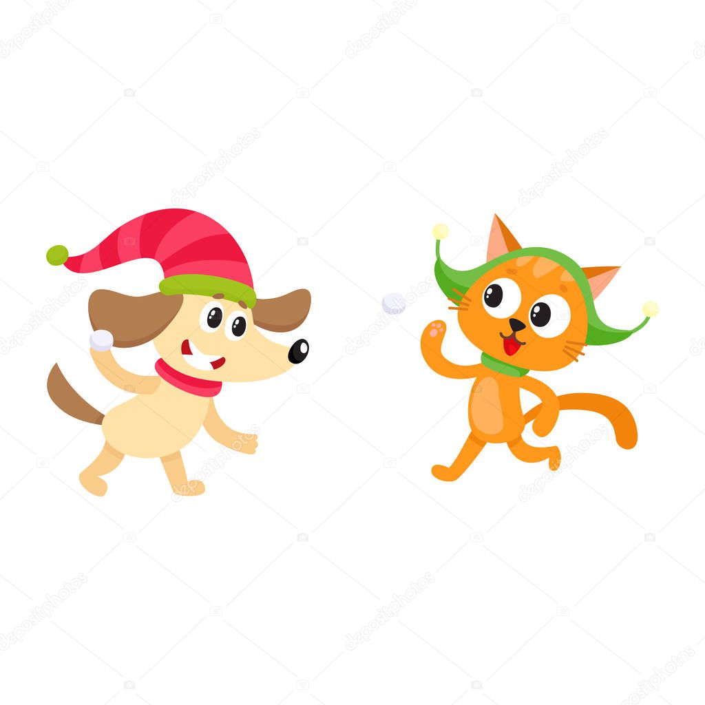 Little cat and dog characters playing snowballs