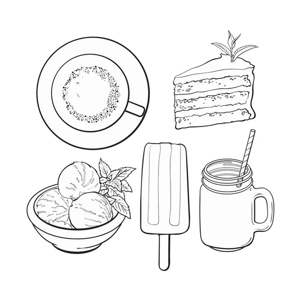 Hand getrokken voedsel met matcha thee - ijs, taart, dranken — Stockvector