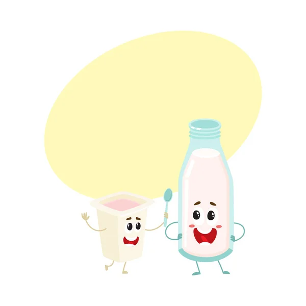 Zabawny mleka butelki, jogurt cup znaków z uśmiechnięte twarze ludzi — Wektor stockowy