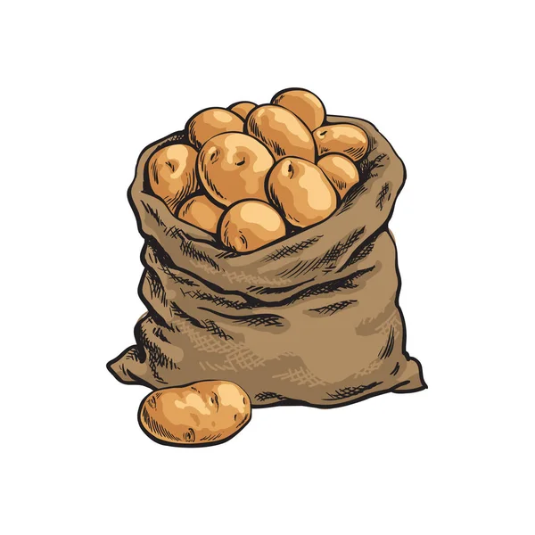 Λινάτσα τσουβάλι γεμάτο ώριμα πατάτας, χέρι — Διανυσματικό Αρχείο