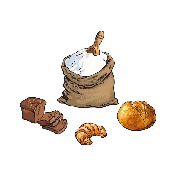 Saco de farinha de esboço vetorial, pão, conjunto de croissant —  Vetores de Stock