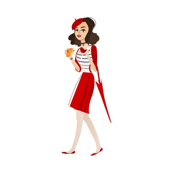 Vektor girl v baretu se sklenkou vína, croissant — Stockový vektor