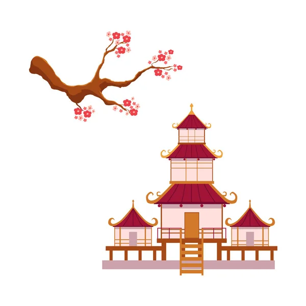 Rama de sakura floreciente, conjunto de vectores de pagoda — Vector de stock