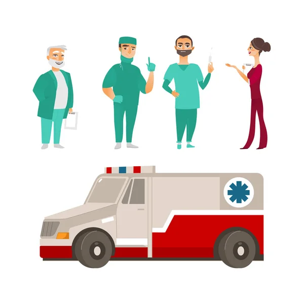 Vetor plana médico enfermeira cirurgião ambulância carro conjunto — Vetor de Stock