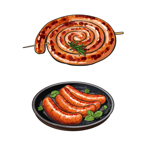 Frissen sült, grillezett kolbász, rövid és hosszú — Stock Vector