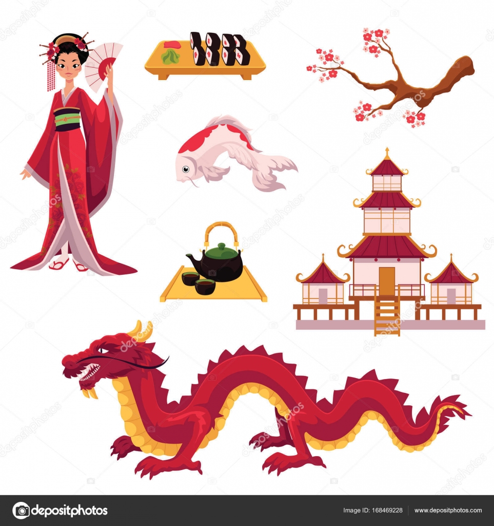 Set Of Cartoon Japanese Culture Elements Symbols Vector Image By C Sabelskaya Vector Stock 168469228