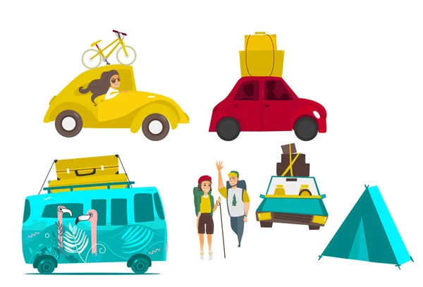 Viaje por carretera - coches con equipaje, tienda de campaña, pareja de senderismo — Vector de stock