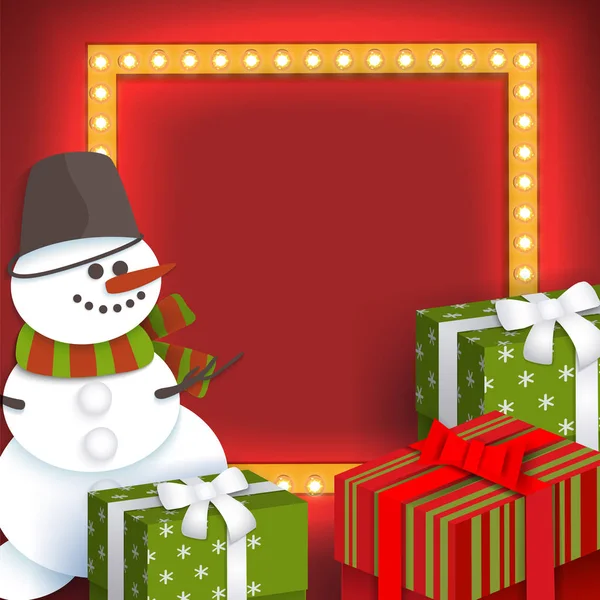 Weihnachtskarten-Vorlage mit Geschenken und Schneemann — Stockvektor