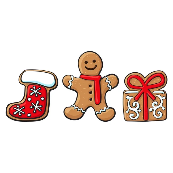 Gingerman, aanwezig, Santa boot gingerbread koekjes — Stockvector