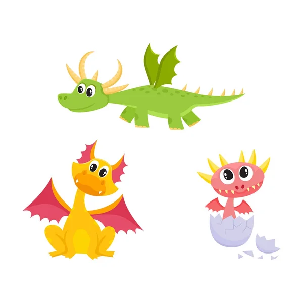 Dragons de dessin animé vectoriel plat avec cornes, ailes ensemble — Image vectorielle