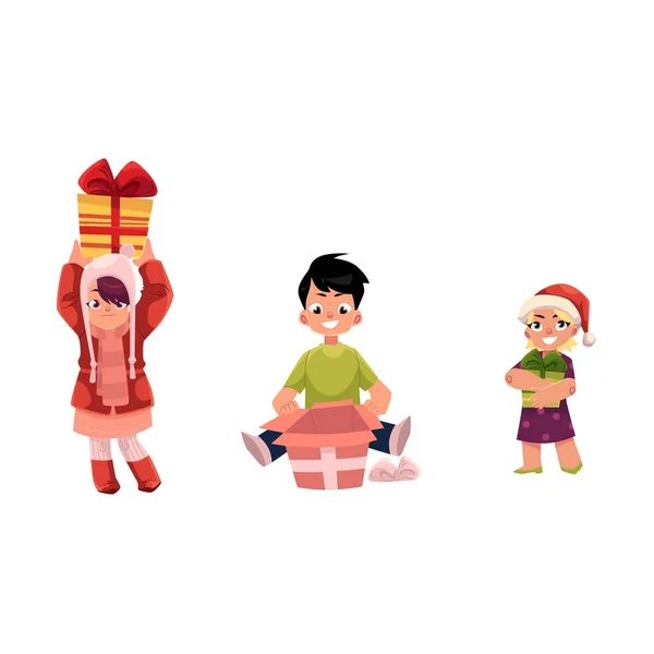 Vector dibujos animados niños con regalo presente conjunto — Vector de stock