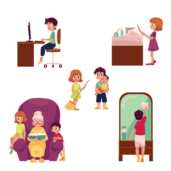Děti, doma vítáni, dělat domácí práce — Stockový vektor