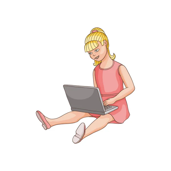 Εφηβικό κορίτσι που χρησιμοποιούν φορητό υπολογιστή που κάθεται στο πάτωμα — Διανυσματικό Αρχείο