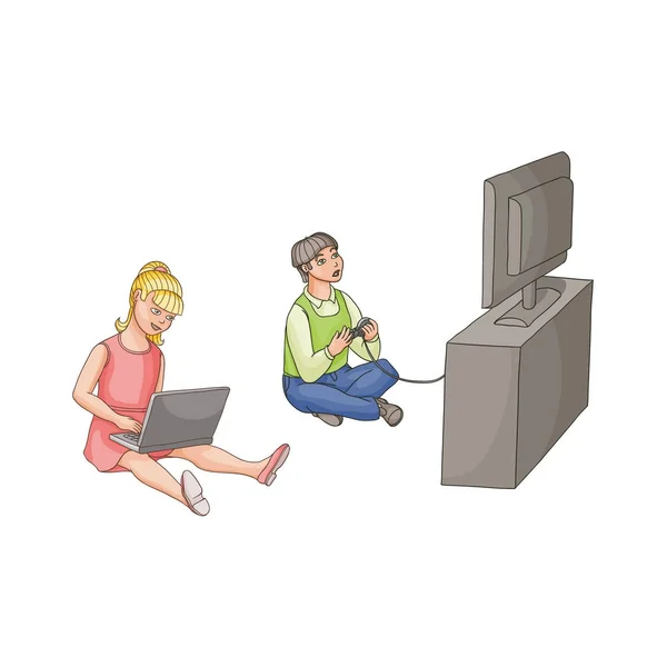 Kids using gadgets, laptop and game console — Stock Vector