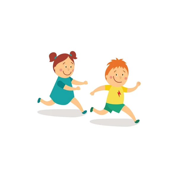 Vector flat girl and boy runnin, catch-up — Stock Vector