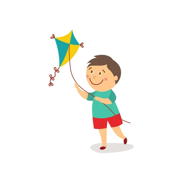 Vector flat cartoon boy launching kite — Stock Vector