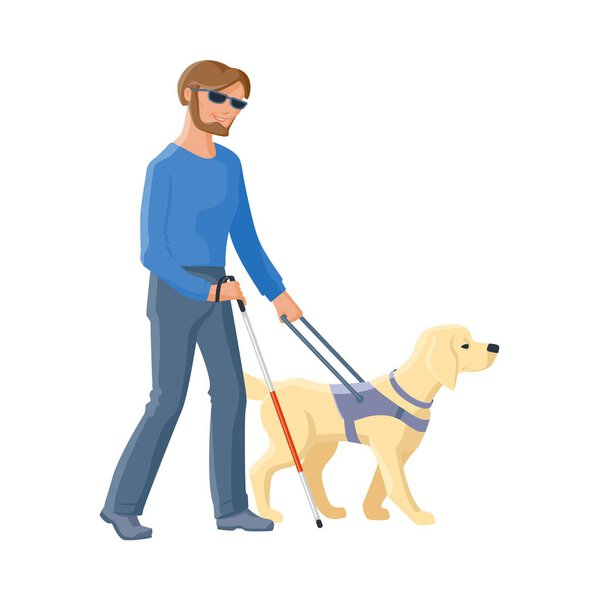 Blind man walking with cane and guide dog