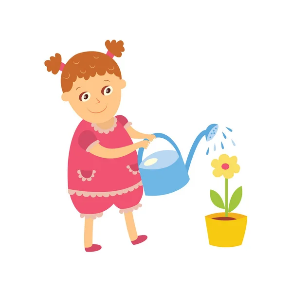 Kleines Mädchen gießt Zimmerpflanze, Topfblume — Stockvektor