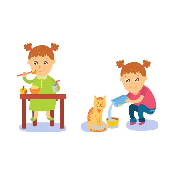 Dziewczyna o śniadanie i wlewając mleko do jej kot — Wektor stockowy