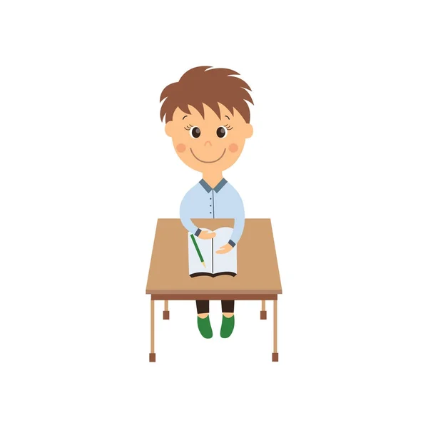 Vector flat schoolboy sitting at desk isolated — Stock Vector