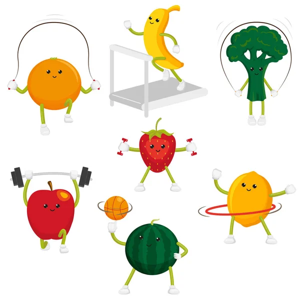 Zabawne postacie owoców i jagód, uprawianie sportu — Wektor stockowy