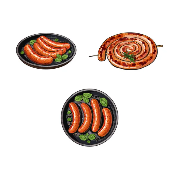 Grilled sausages on stick and in frying pan — Stock Vector