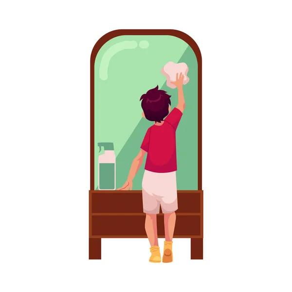 Διάνυσμα καθαρισμού καθρεφτών από κουρέλι Έφηβος αγόρι — Διανυσματικό Αρχείο