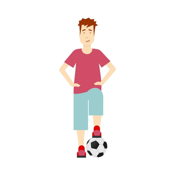 Vector plana chico stands con balón de fútbol aislado — Vector de stock