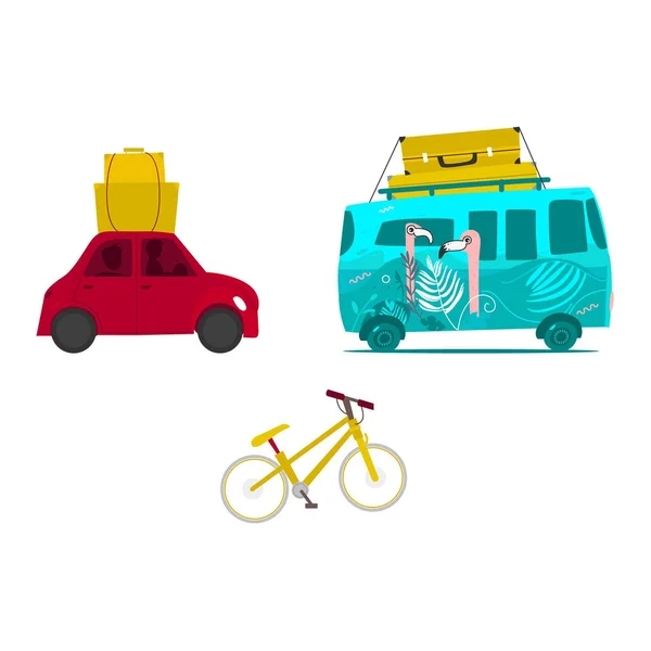 汽车旅行，带着行李，山地自行车冲浪范 — 图库矢量图片