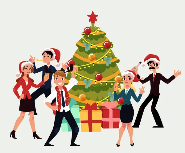Gelukkige mensen hebben corporate Xmas partij, dansen rond de kerstboom — Stockvector