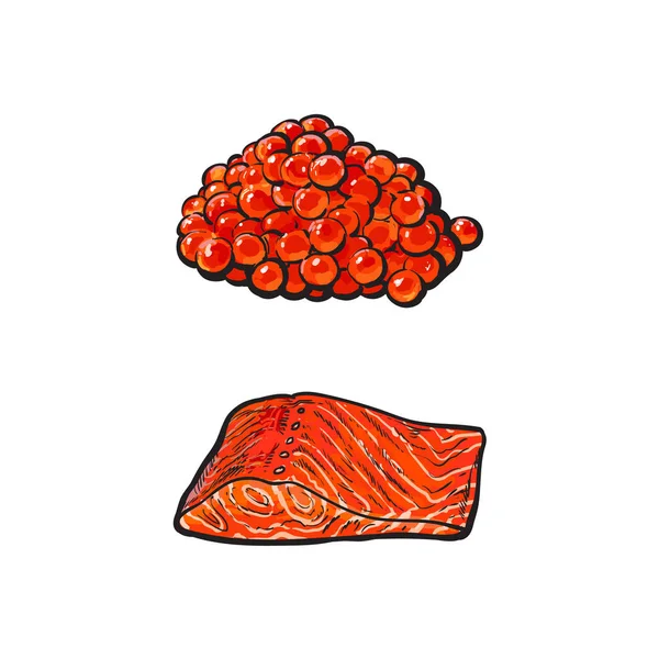Wektor morze nerka filety rybne mięso, kawior zestaw — Wektor stockowy