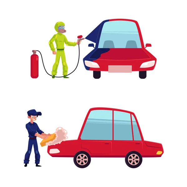 Auto mechanic painting and washing a car — Stock Vector